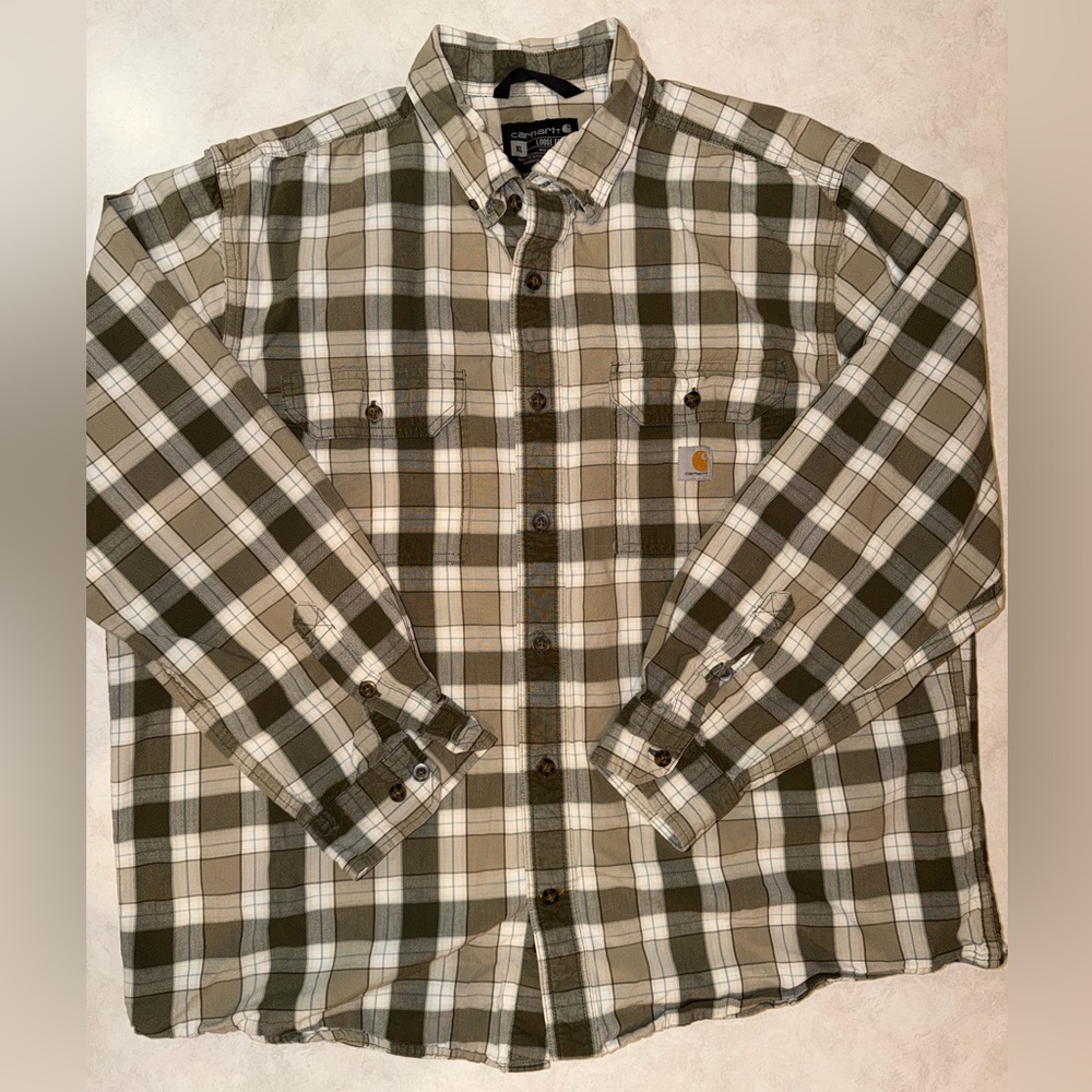 Vintage Carhartt Plaid Button Up Shirt Mens Size Large Loose Green White 104910